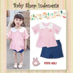 PU573 Setelan Blouse Anak Import Baju Anak Korea Salur Celana Pendek Denim Anak Perempuan Pink  large